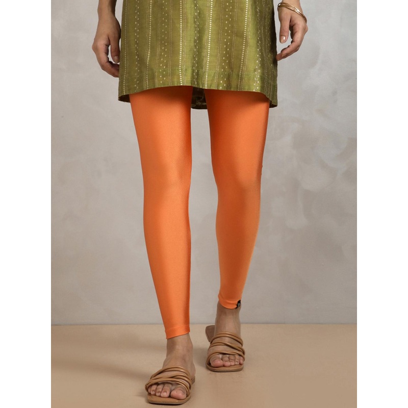TWIN BIRDS Women Orange Solid Shimmer Leggings