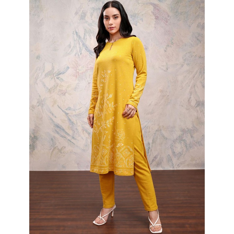 Vishudh Floral Printed Keyhole Neck Long Sleeves Straight Kurta with Trousers
