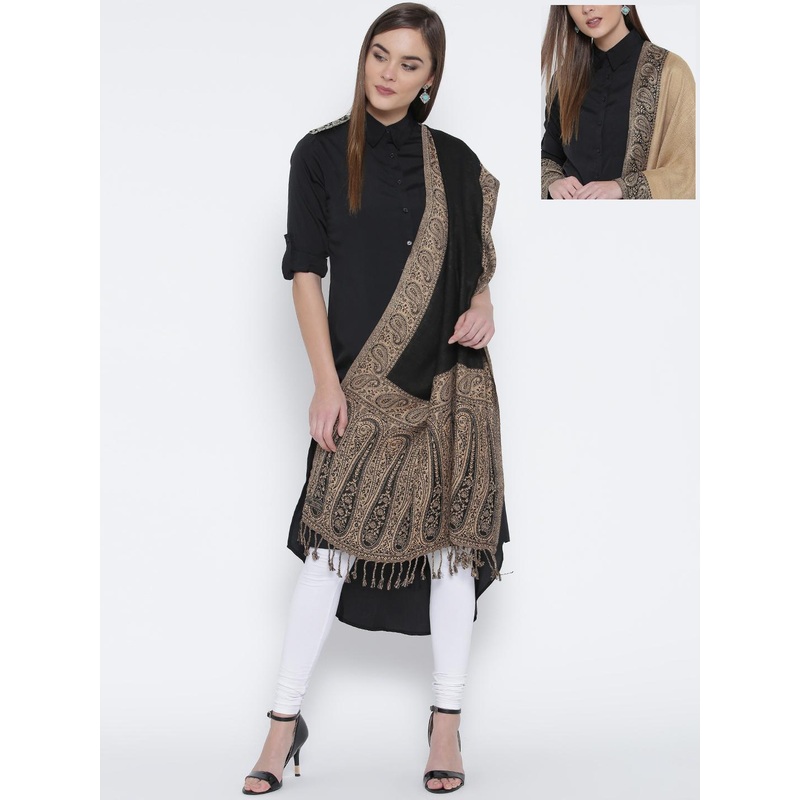 WEAVERS VILLA Black & Beige Patterned Reversible Stole