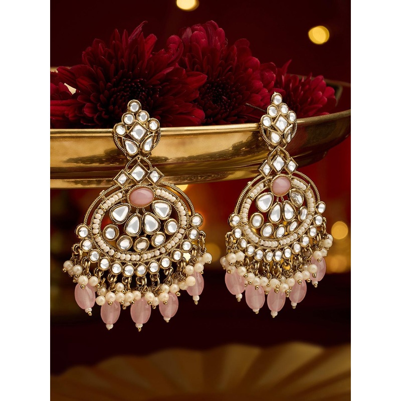 Zaveri Pearls Gold-Plated Kundan Studded & Beaded Oval Shaped Drop Earrings