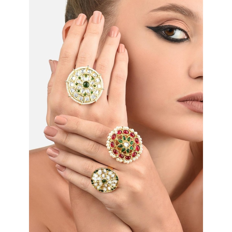 Zaveri Pearls Set Of 3 Gold-Plated Kundan-Studded & Beaded Adjustable Finger Rings