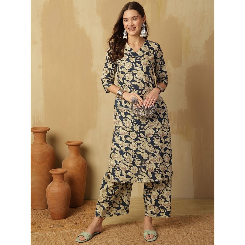 Anouk Blue Floral printed V-Neck Pure Cotton Kurta With Palazzos