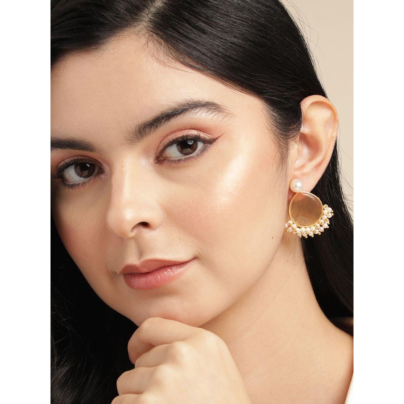 Anouk Gold-Plated Artificial Stone Studded And Beaded Teardrop Shaped Drop Earrings