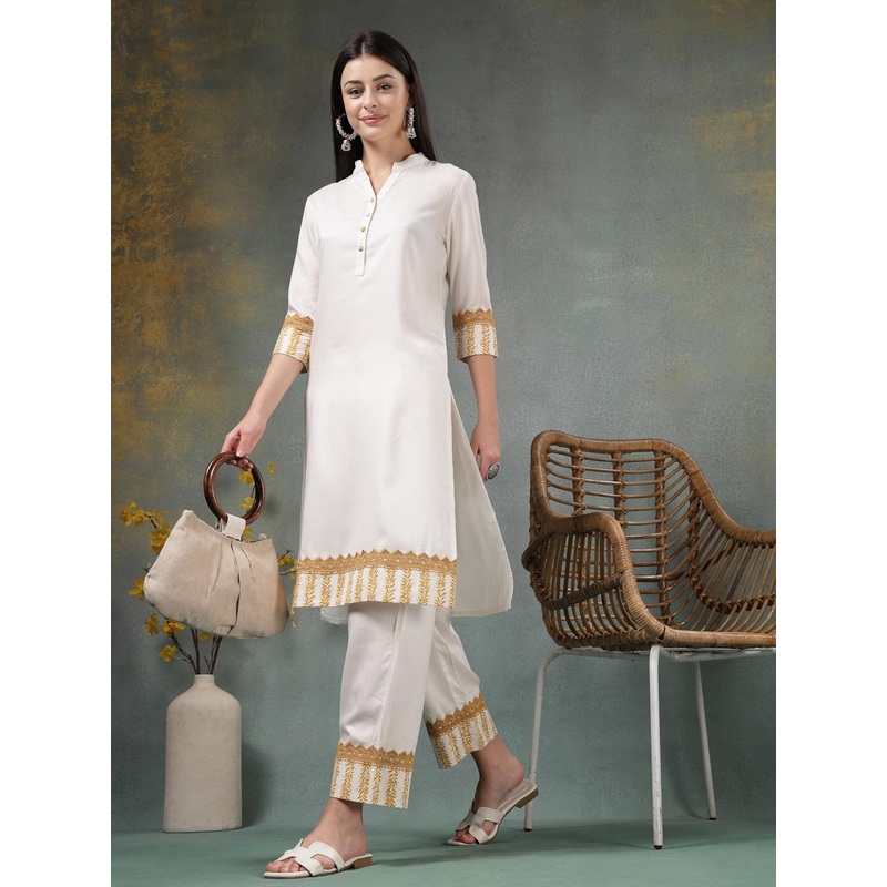 Anouk Rustic Yoke Design Mandarin Collar Straight Kurta With Trousers