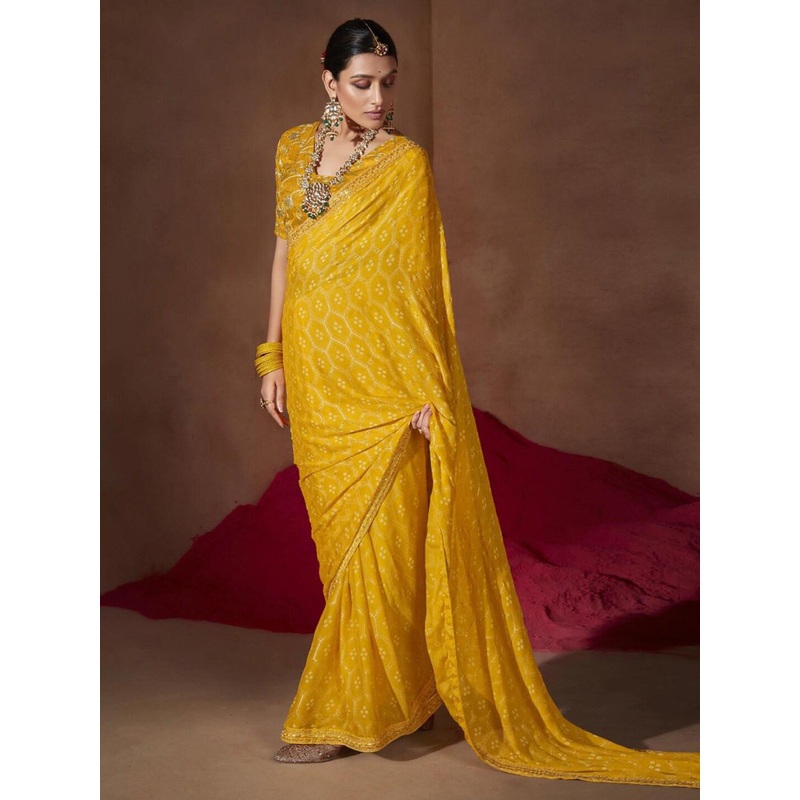 Anouk Yellow & White Bandhani Printed Sequined Pure Chiffon Bandhani Saree