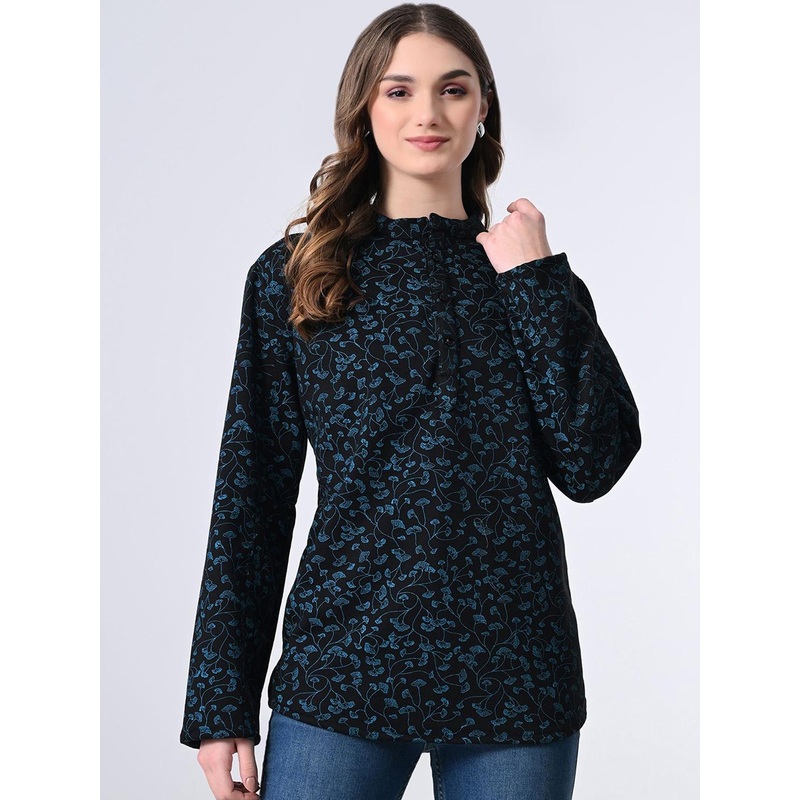 BAESD Floral Printed Mandarin Collar Wool Straight Kurti