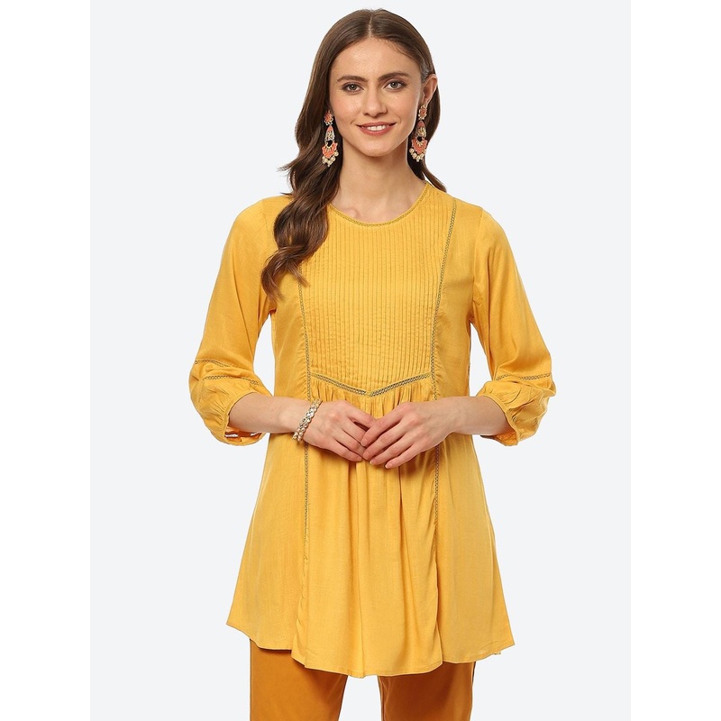 Biba Women Yellow Pleated And Panelled Puff Sleeves Kurti