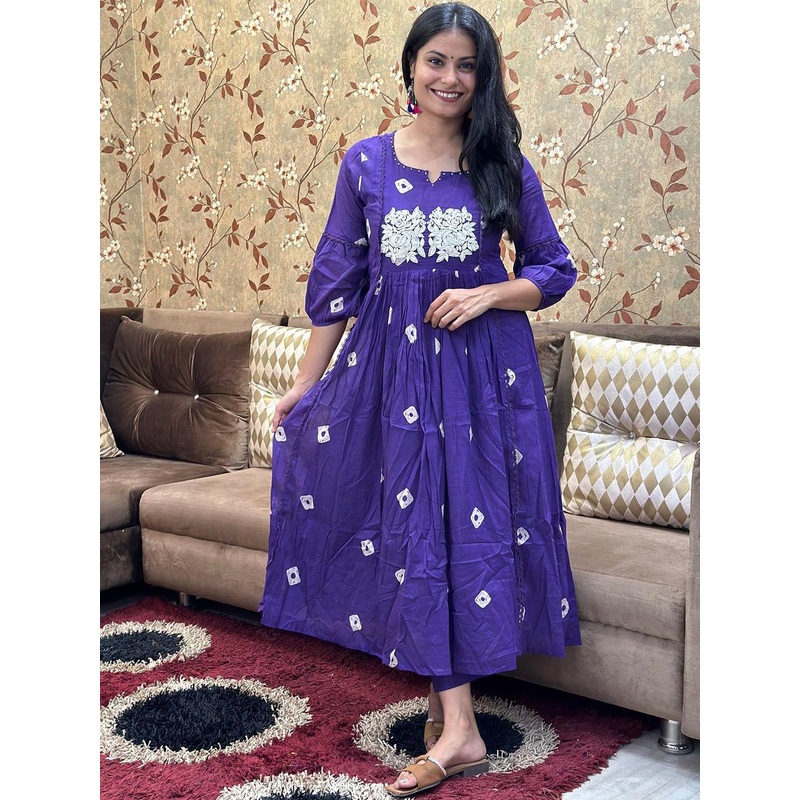 GoSriKi Floral Embroidered Pleated Beads & Stones Anarkali Kurta With Trousers