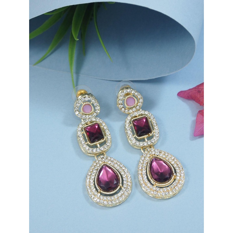 I Jewels Gold-Plated Artificial Stones Studded Teardrop Shaped Drop Earrings