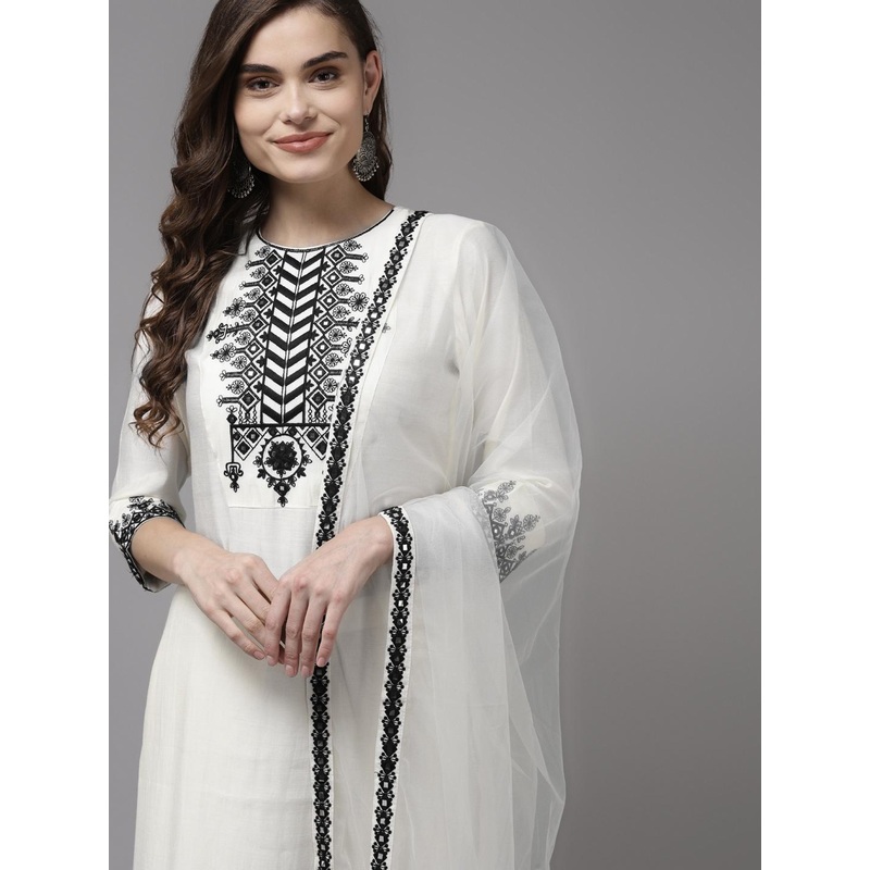Indo Era Women White Floral Yoke Design Regular Mirror Work Kurta with Palazzos & With Dupatta