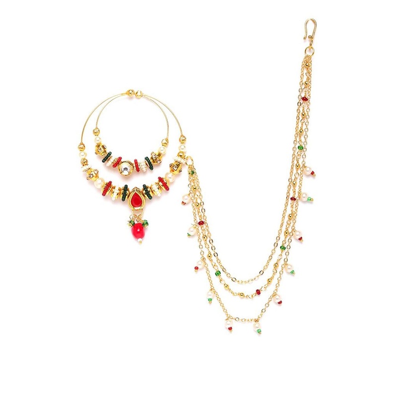 JEWELS GEHNA Gold-Plated CZ-Studded & Beaded Chained Nose Ring