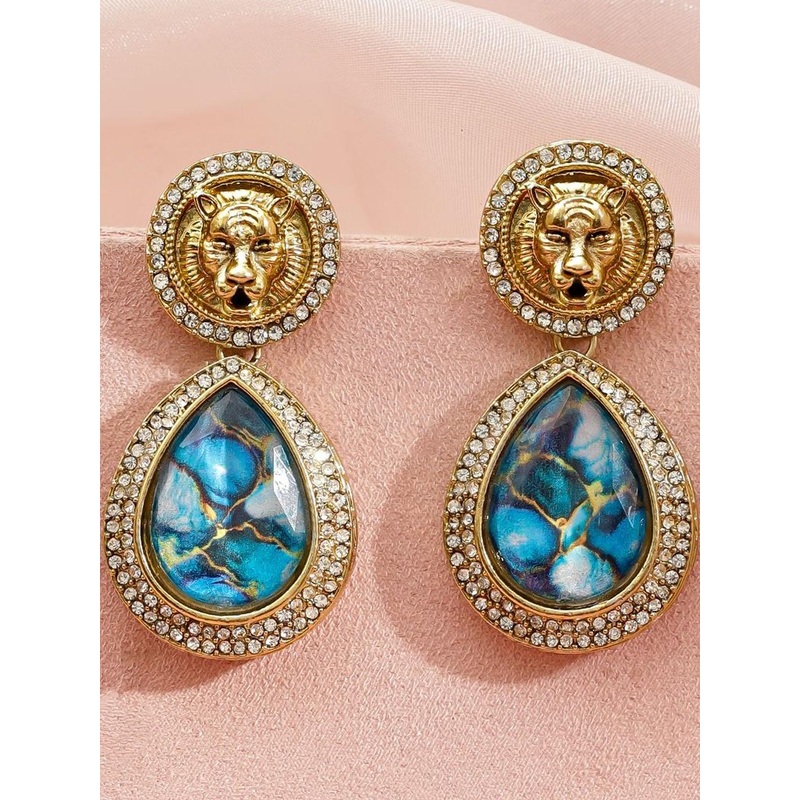 Rubans 18K Gold-Plated Cubic Zirconia Studded Teardrop Shaped Drop Earrings