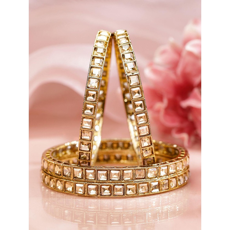 Rubans Set of 4 18K Gold-Plated Square-Cut White Kundan Studded Traditional Bangles