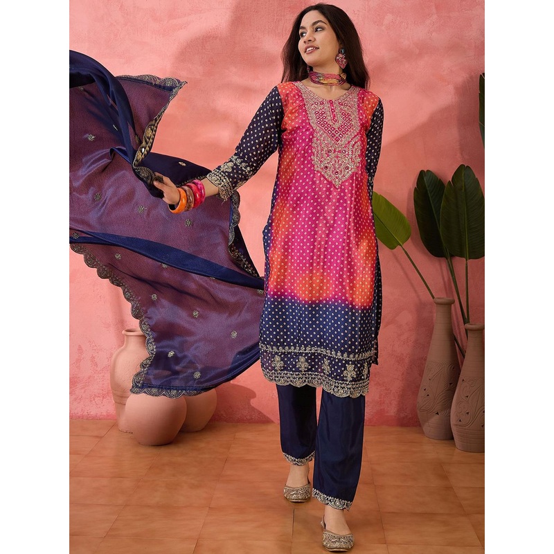 Sangria Bandhani Printed with Embroidered Kurta With Trousers & Dupatta