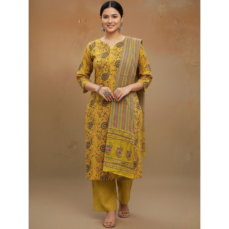 SZN Women Paisley Printed Regular Kantha Work Pure Cotton Kurta with Trousers & With Dupatta