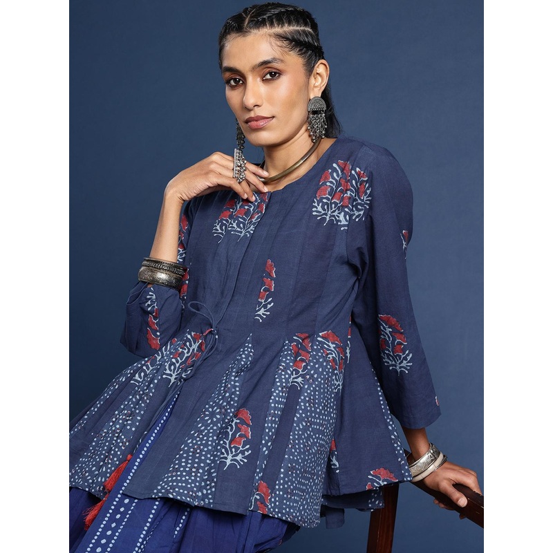 Taavi Block Print Legacy Floral Printed Flared Hem Ethnic Tie-Up Shrug