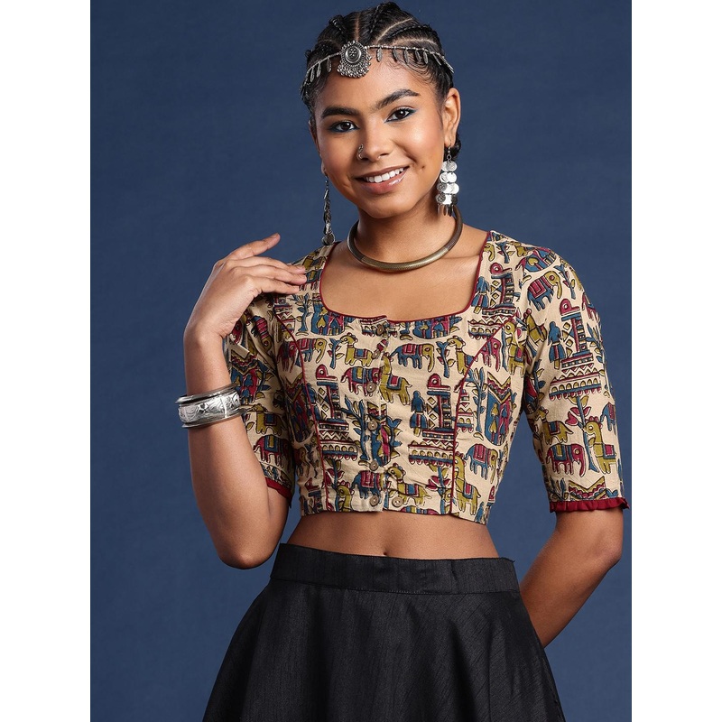 Taavi Kalamkari Printed Cotton Non Padded Saree Blouse