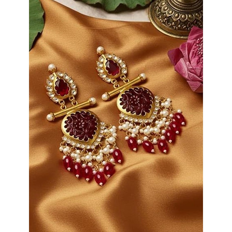 TESSARA Gold Plated Artificial Stones Studded And Beaded Teardrop Shaped Drop Earrings