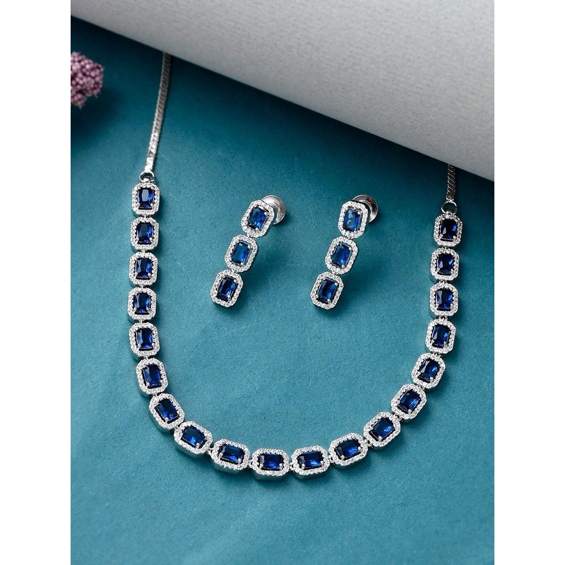 Voylla Women Blue & White Rhodium-Plated CZ-Studded Necklace and Earrings