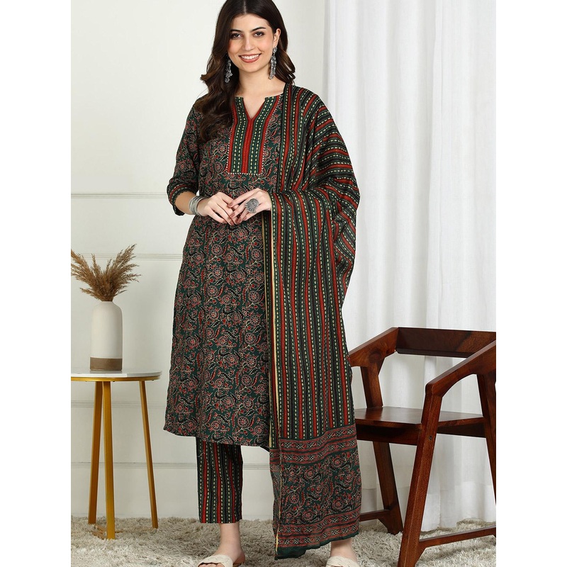 YASH GALLERY Women Ethnic Motifs Printed Regular Pure Cotton Kurta with Trousers & Dupatta