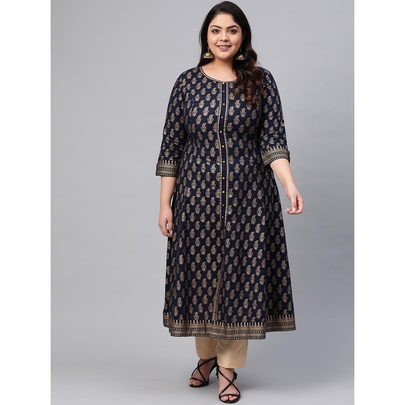 YASH GALLERY Women Plus Size Navy Blue & Golden Printed A-Line Kurta