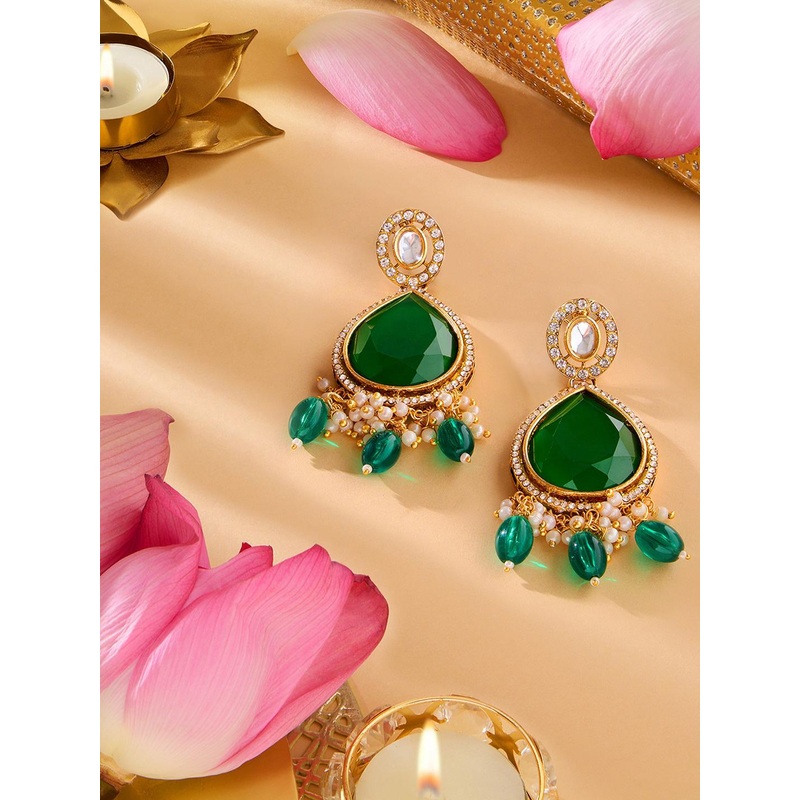 Zaveri Pearls Gold-Plated Austrian Diamonds Studded & Beaded Drop Earrings
