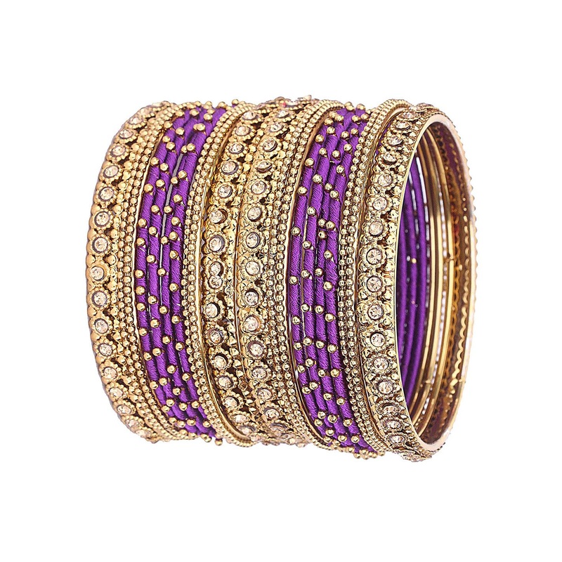 ZULKA Set Of 28 Metal With Silk Thread and Zircon Gemstone Worked Traditional Bangles