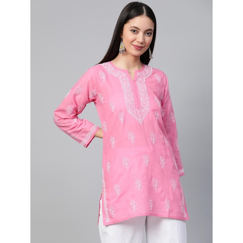 ADA Women Pink & White Chikankari Embroidered Pure Cotton Straight Handloom Kurti
