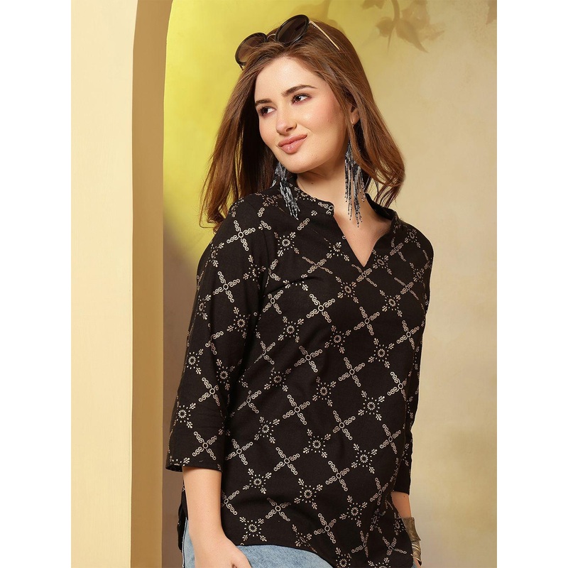 Anouk Black Geometric Print V-Neck Cotton Top