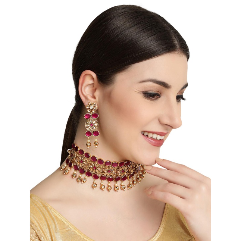 Anouk Gold Plated Mirror- Studded & Beaded Reversible Jewellery Set