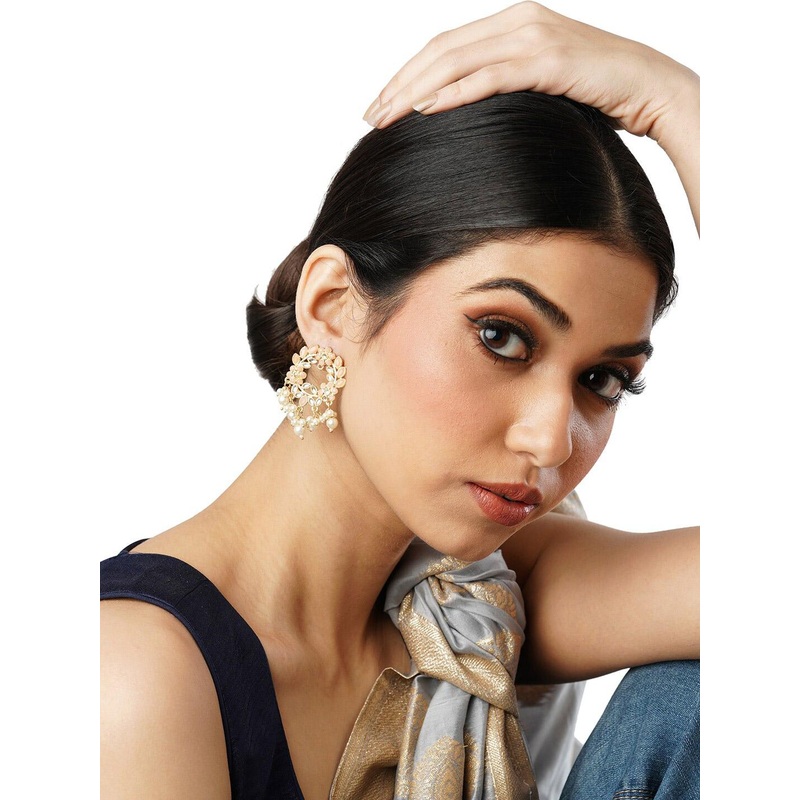 Anouk Gold-Toned Brass-Plated Beaded & Stone Studded Drop Earrings