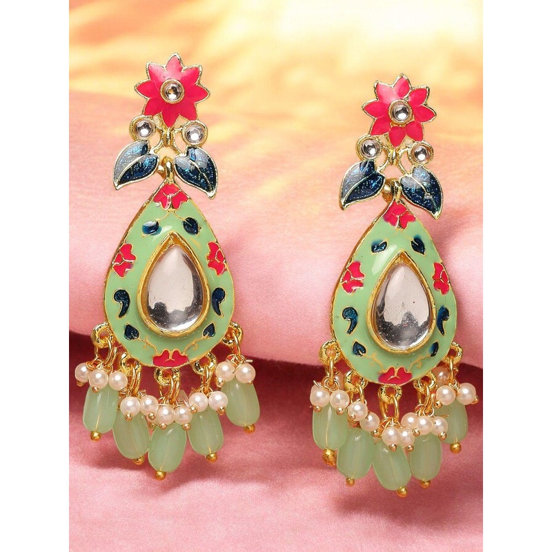 Anouk Meenakari Kundan Studded Teardrop Shaped Drop Earrings