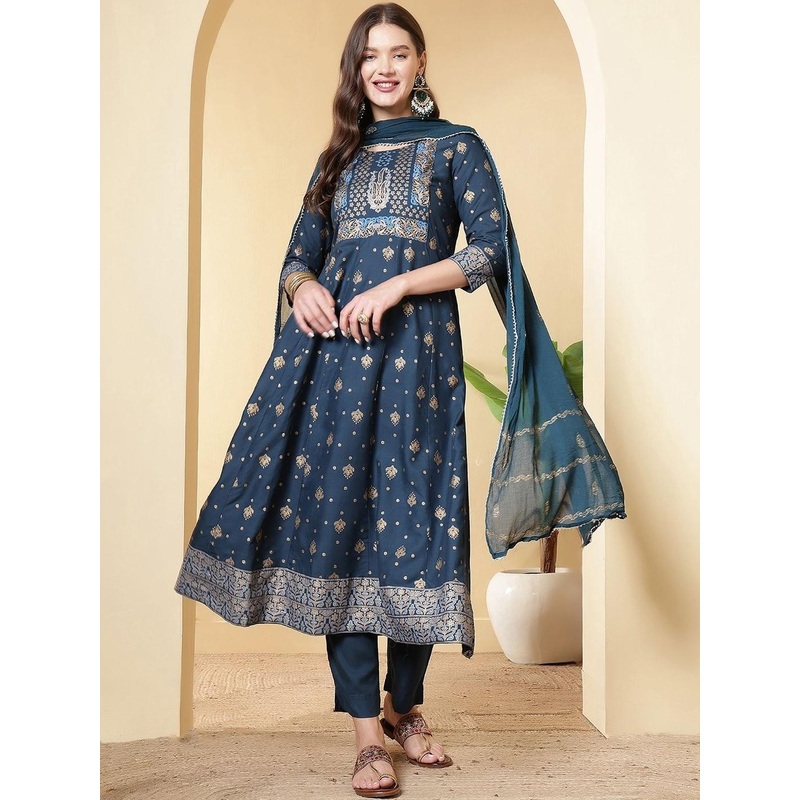 Anouk Rustic Ethnic Motifs Printed Round Neck A-Line Kurta With Trousers & Dupatta