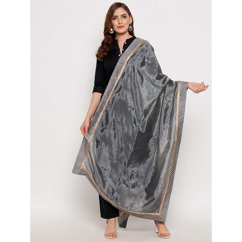 Clora Creation Grey & Gold-Toned Printed Dupatta with Gotta Patti