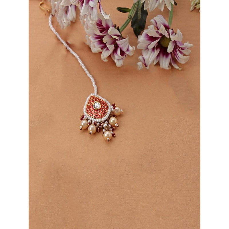 DUGRISTYLE Gold-Plated Kundan Studded & Pearl Beaded Maang Tikka