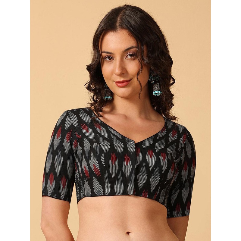 Happy Owl Ikkat Printed V-Neck Cotton Saree Blouse