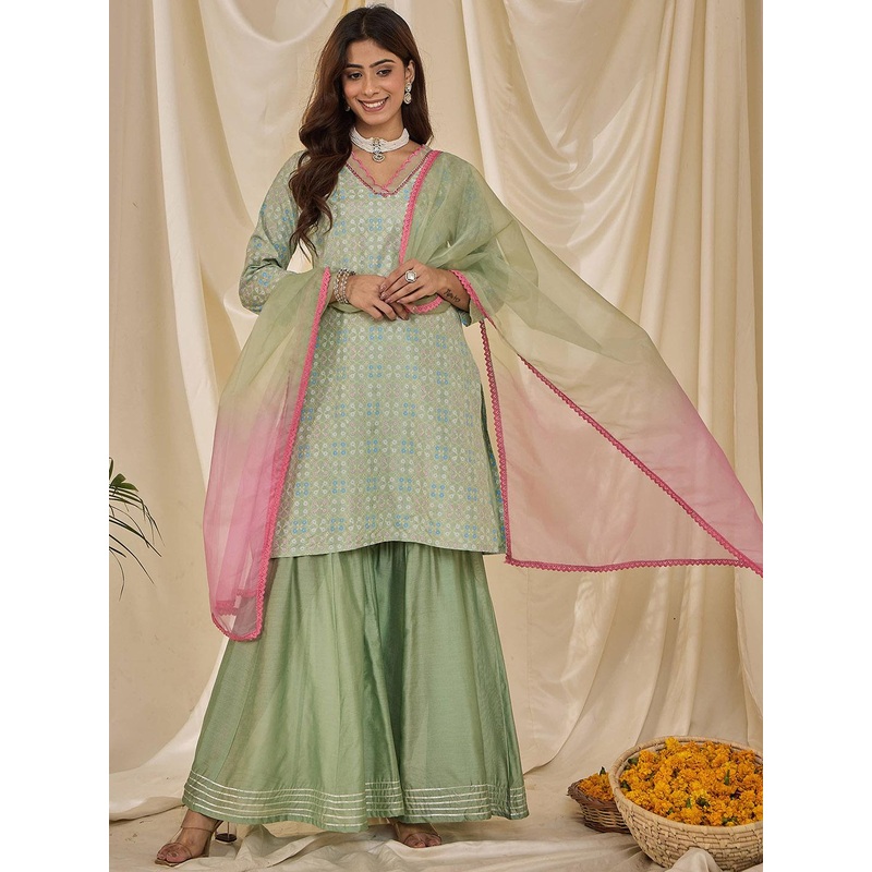 House of Pataudi Floral Printed V-Neck Straight Kurta & Sharara With Dupatta
