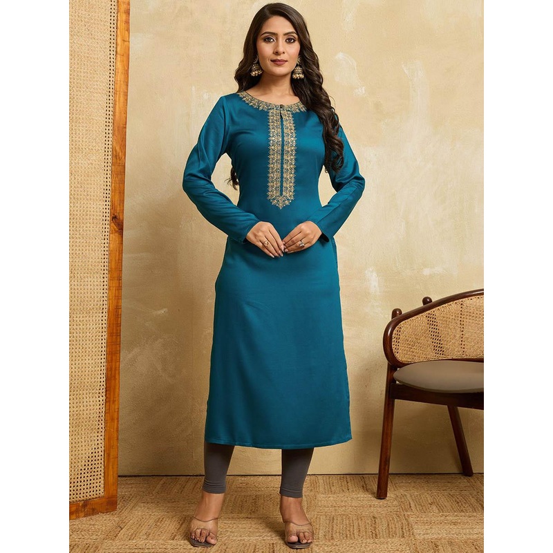 House of Pataudi Women Ethnic Motifs Embroidered Round Neck Sequinned Silk Kurta