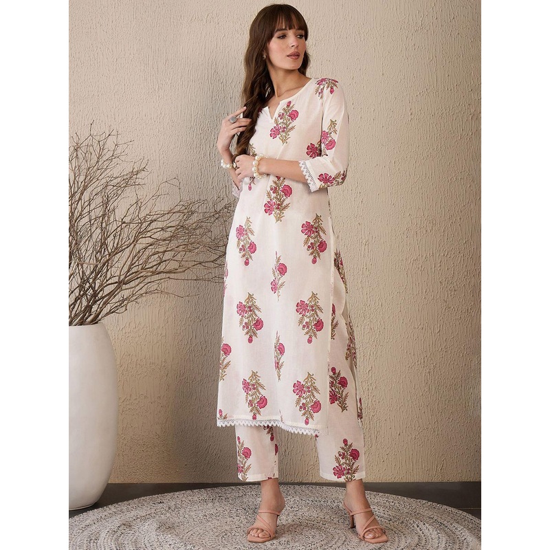 Indo Era Women Floral Printed Regular Pure Cotton Kurta with Trousers