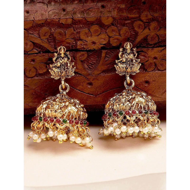 KARATCART Gold Plated Artificial Stones Dome Shaped Temple Jhumkas