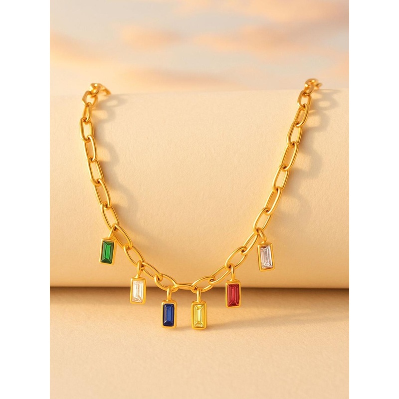 Rubans 18K Gold-Plated Stainless Steel Waterproof Multicolor Stone Charm Chain Necklace