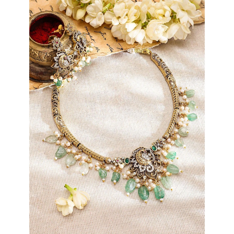 Rubans 22K Gold-Plated with Green Beads Pearls & Cubic Zirconia Brass Jewellery Set