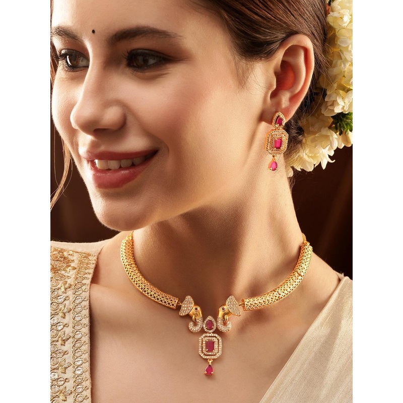 Rubans Premium 22K Gold Plated Ruby Pink & CZ Studded Elephant Design Choker Jewellery Set