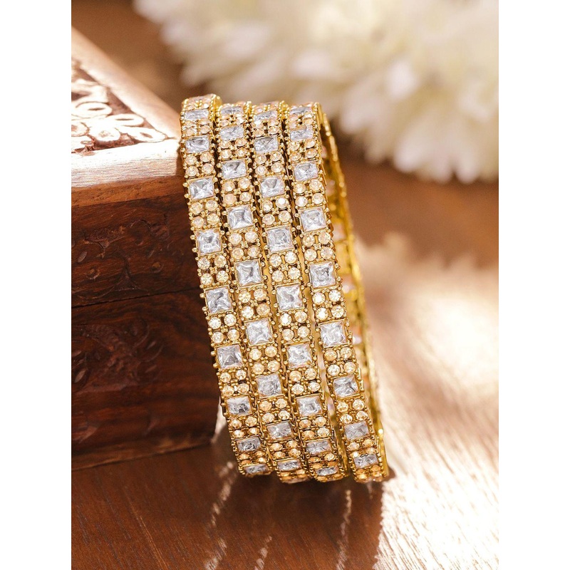 Rubans Set of 4 18K Gold-Plated Square & Round Cubic Zirconia Studded Handcrafted Bangles