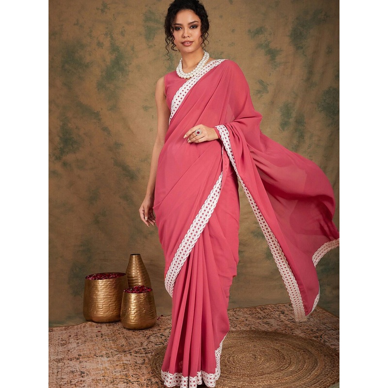 Sangria Women White Thread Embroidered Lace Bordered Saree Blouse Piece