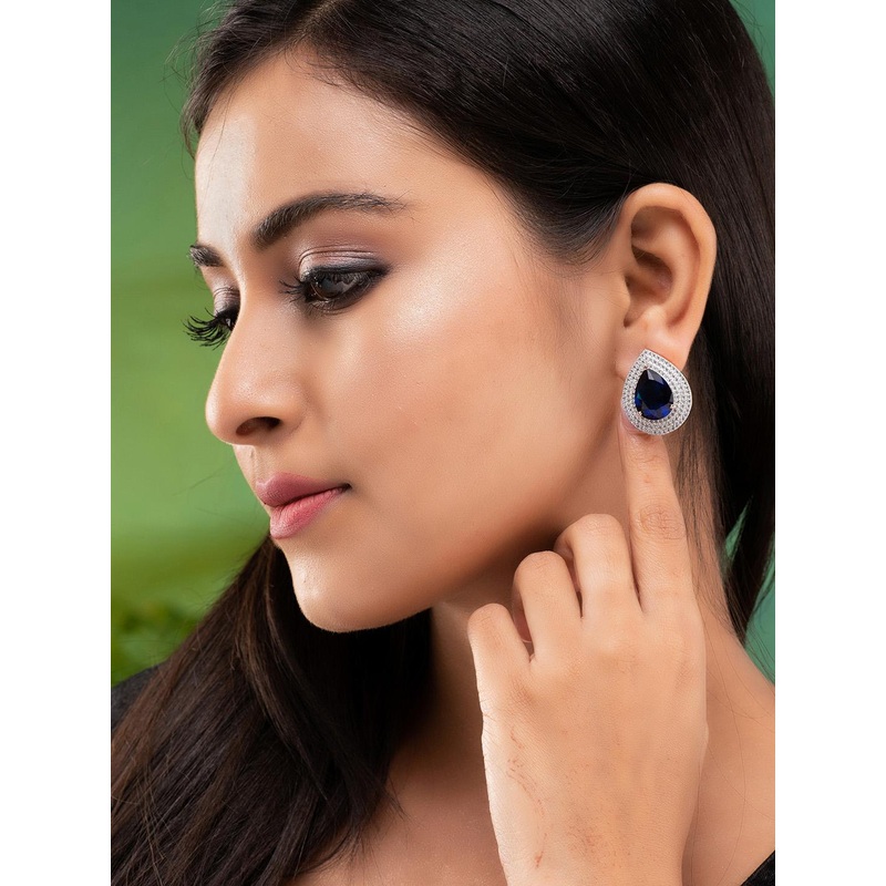 Saraf RS Jewellery Women Blue & White Rose Gold-Plated Teardrop Shaped Studs Earrings