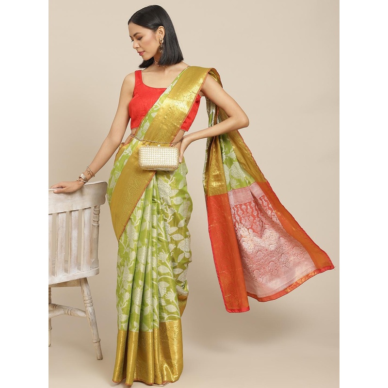 Silk Land Green & Red Floral Zari Ikat Saree