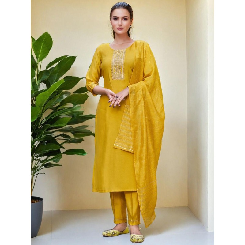 SZN Women Ethnic Motifs Embroidered Regular Pure Silk Kurta with Trousers & Dupatta