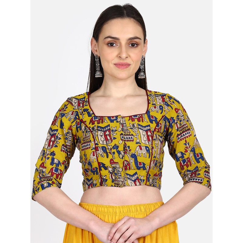 THE WEAVE TRAVELLER Women Yellow & Red Kalamkari Hand Block Printed Saree Blouse