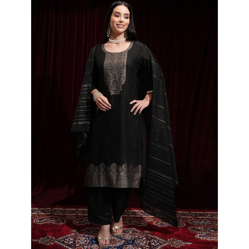 Vishudh Floral Woven Design Zari Jacquard Weave Straight Kurta with Trousers & Dupatta